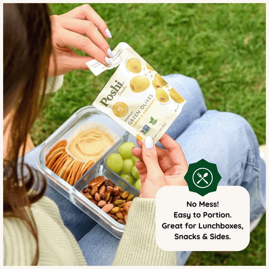 Poshi olive pack-open image emphasizes freshness and easy reseal for travel.