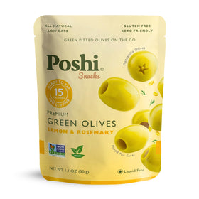 Poshi Green Pitted Olives with Lemon and Rosemary in a convenient pack for on-the-go snacking.