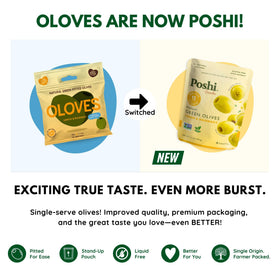 Poshi green olives lemon rosemary pouch ready-to-eat for quick healthy snacking.