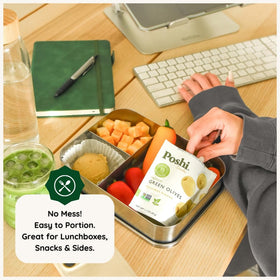 Packaging display showing light, travel-friendly 30-pack Poshi olives.