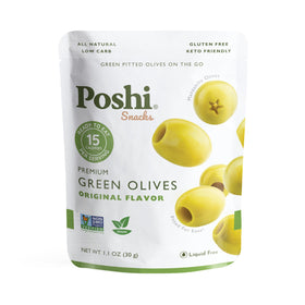 Poshi Green Olives On-The-Go pouch front, convenient single-serve snack for busy days.