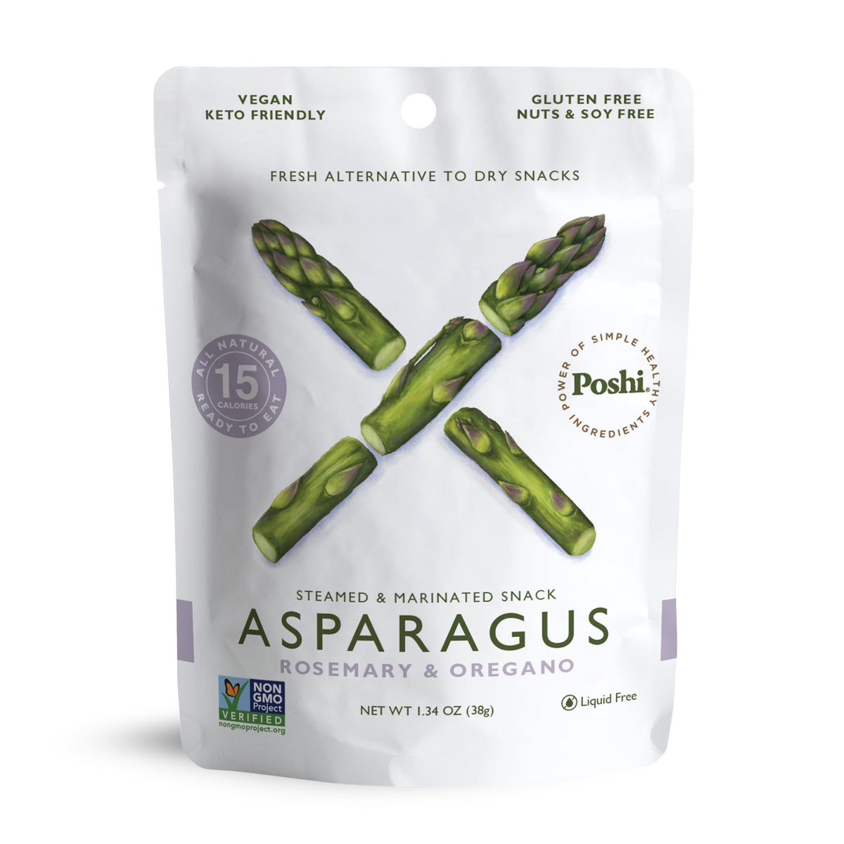 POSHI marinated asparagus snack pack front view for on-the-go flavor.