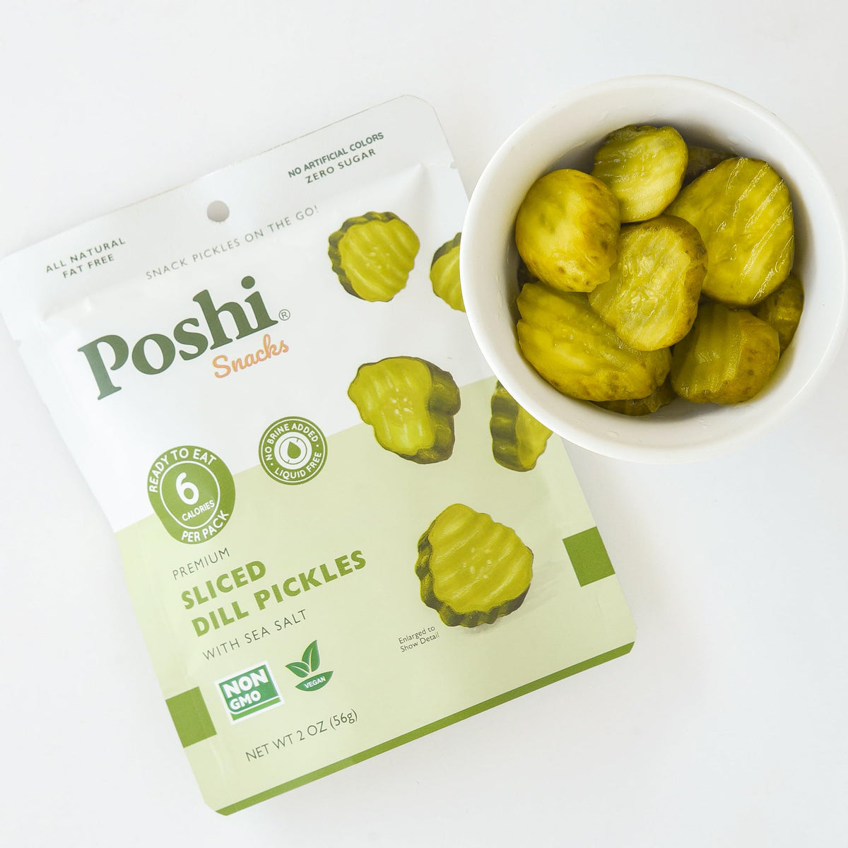 Poshi non-GMO dill pickles stay shelf-stable without brine for quick meal toppings