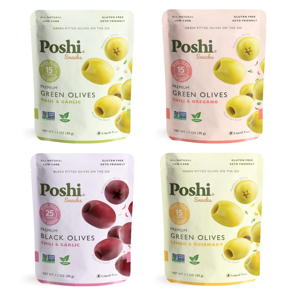 Poshi Basil Garlic olives in a pouch for on-the-go snacking.