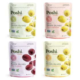 Poshi Basil Garlic olives in a pouch for on-the-go snacking.