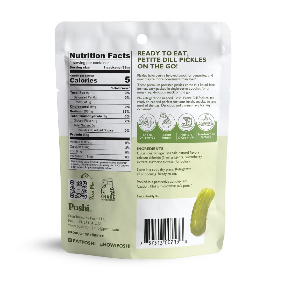 Poshi Petite Dill Pickles in an open pouch showing easy access and mess-free eating