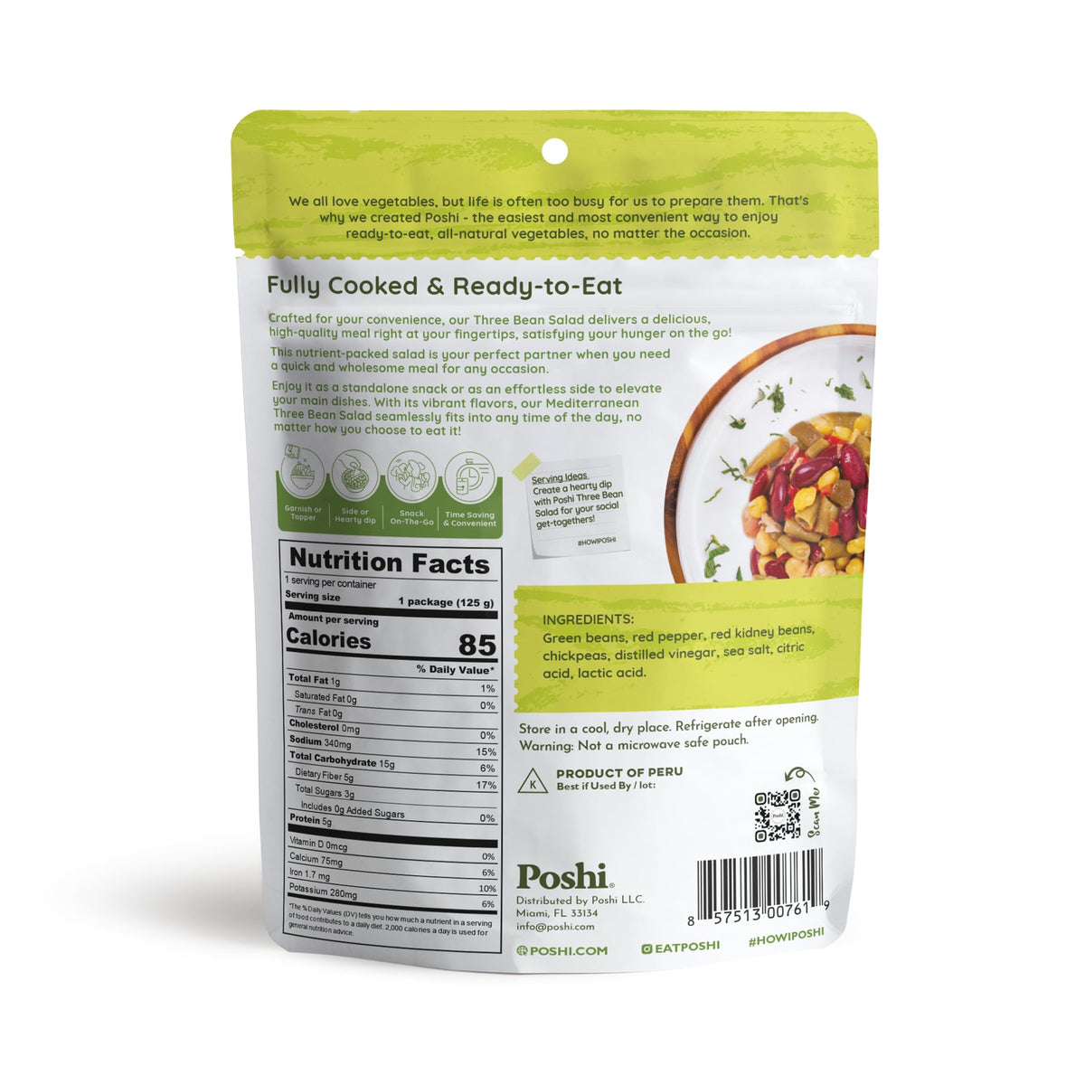 POSHI Ready-to-Eat Three Bean Salad pouch ideal for quick, nutritious meals