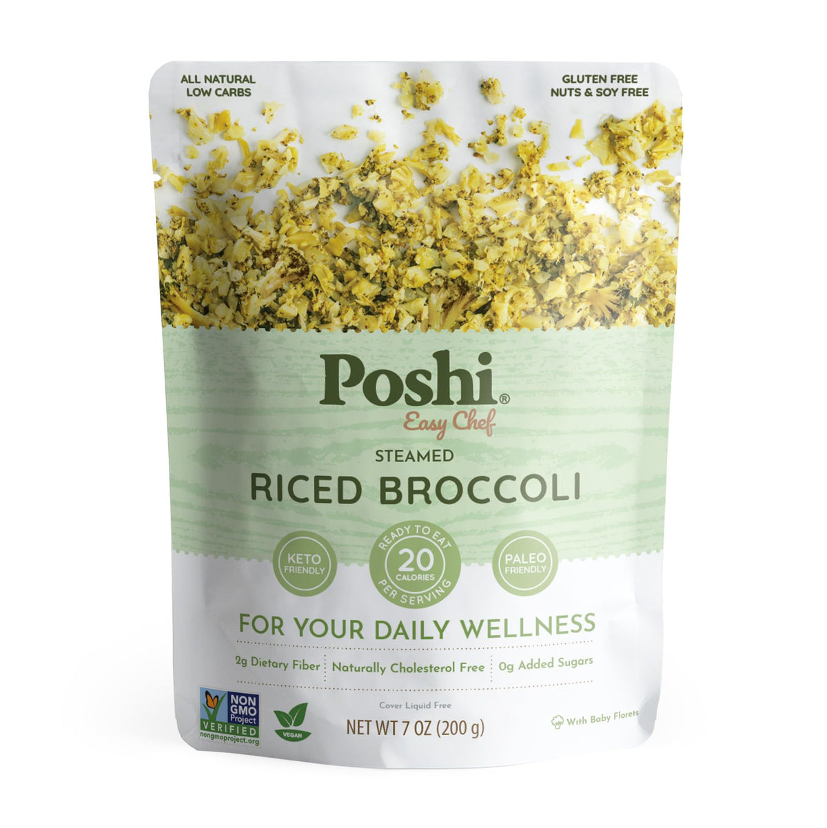 Poshi Riced Broccoli with fluffy baby florets, ideal low-carb base for meals