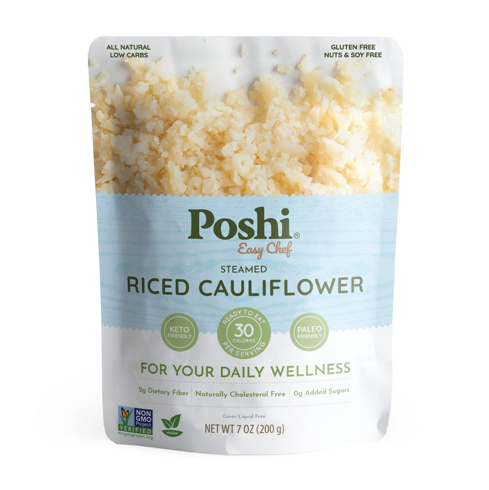 POSHI Riced Cauliflower packaging front shows natural, ready-to-eat convenience.