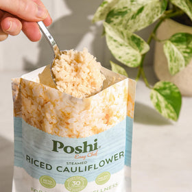 POSHI Riced Cauliflower pouch ready for microwave heating.