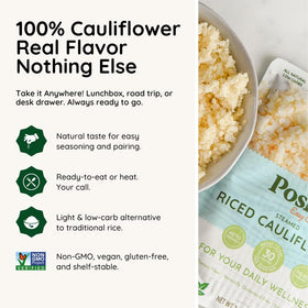 POSHI Riced Cauliflower pouch-open demonstrates tear-and-heat convenience.