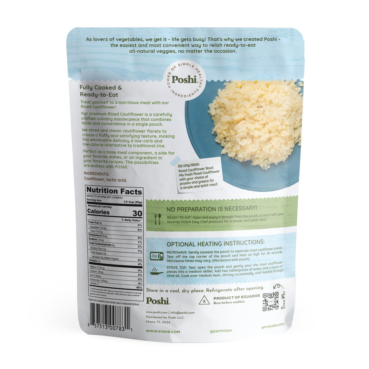 POSHI Riced Cauliflower texture close-up highlights fluffy, low-carb rice substitute.