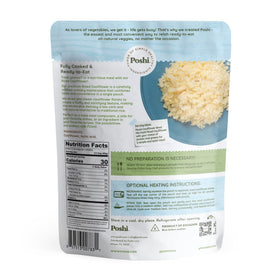 POSHI Riced Cauliflower texture close-up highlights fluffy, low-carb rice substitute.