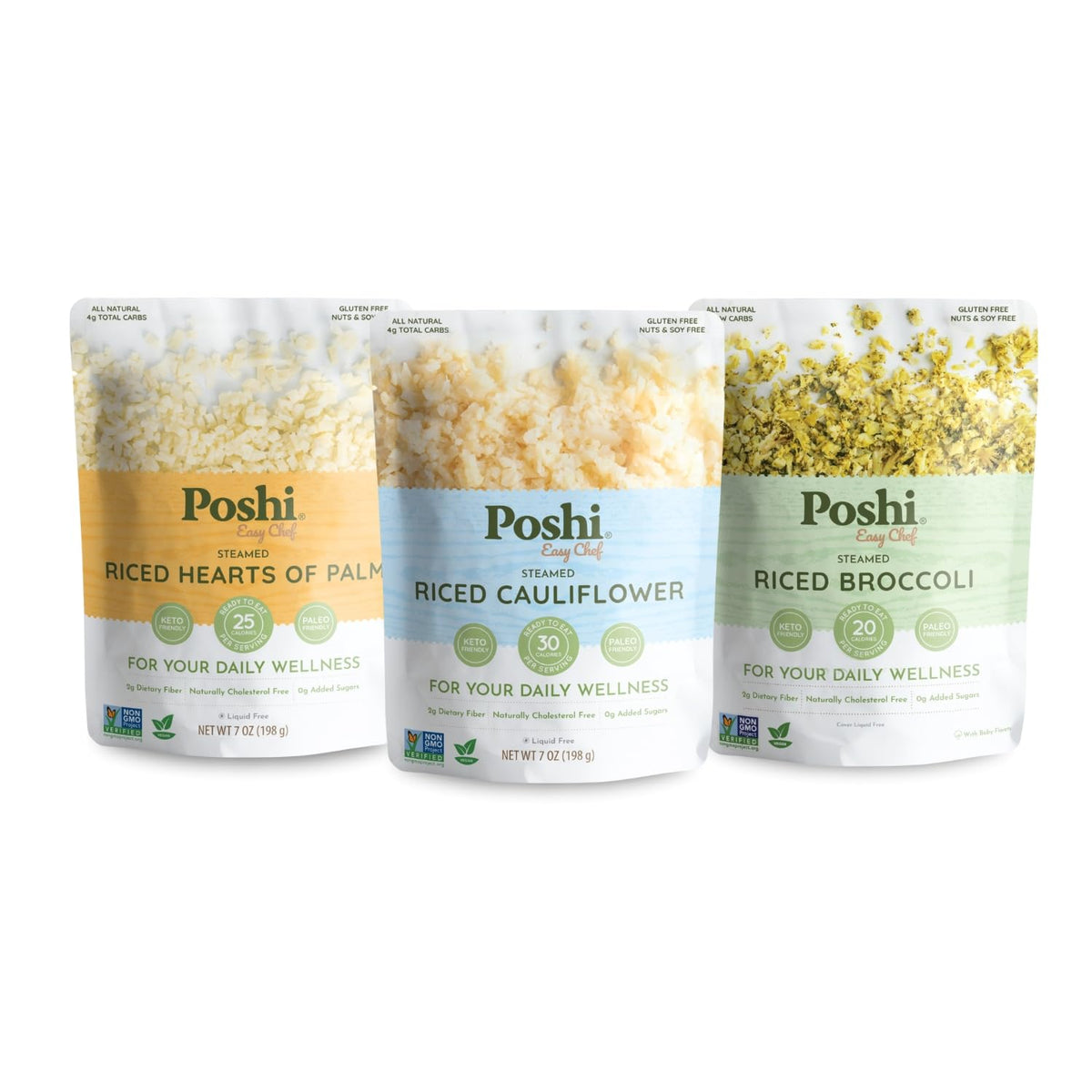 Poshi riced vegetables variety pack ready to eat on the go
