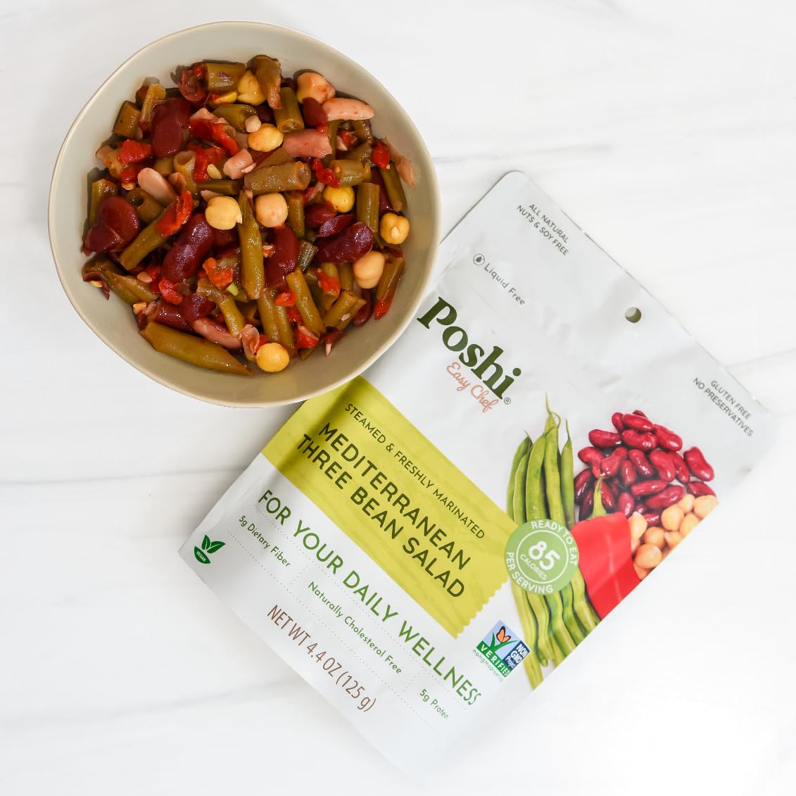 POSHI vegan protein beans in a compact pouch for easy lunches