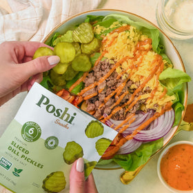 Poshi zero-sugar dill pickles offer a crisp, guilt-free crunch
