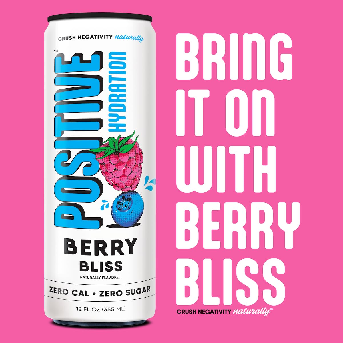 Positive Hydration Berry Bliss 12-pack wall display emphasizes convenient daily hydration.