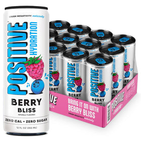 Positive Hydration Berry Bliss can front highlights sparkling flavor and zero-calorie refreshment.