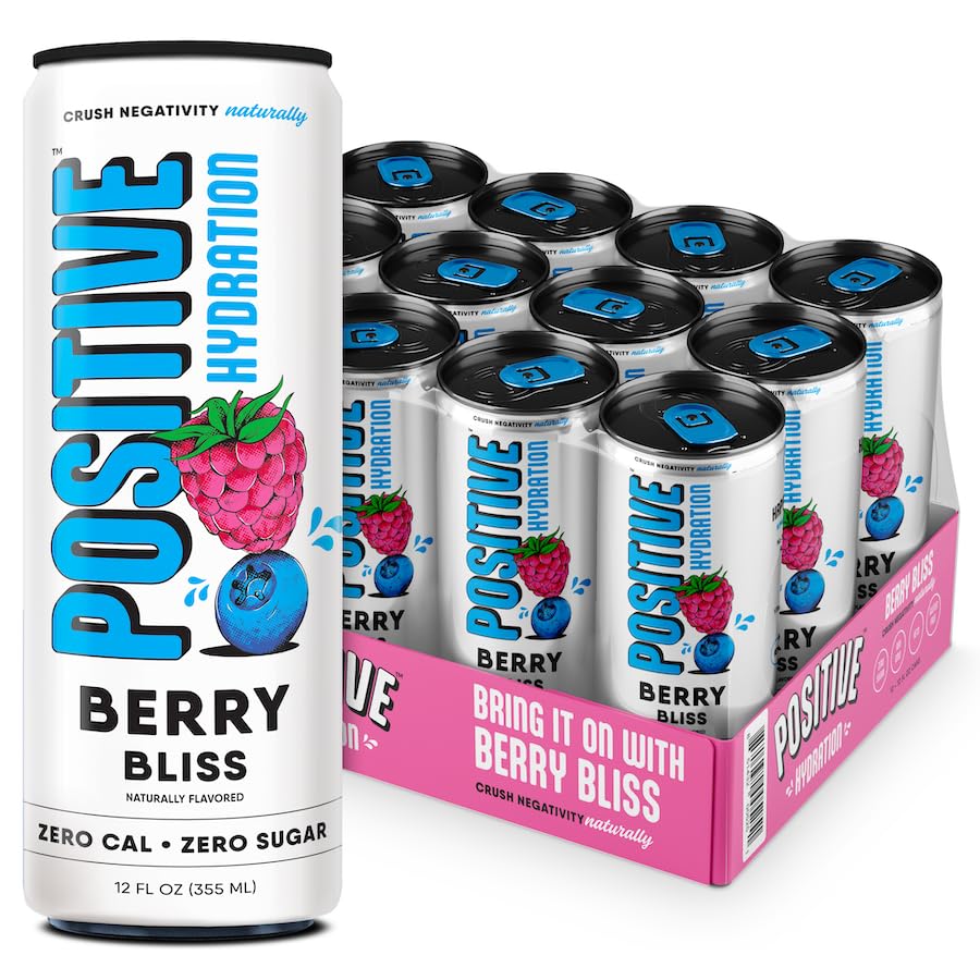 Positive Hydration Berry Bliss can front highlights sparkling flavor and zero-calorie refreshment.