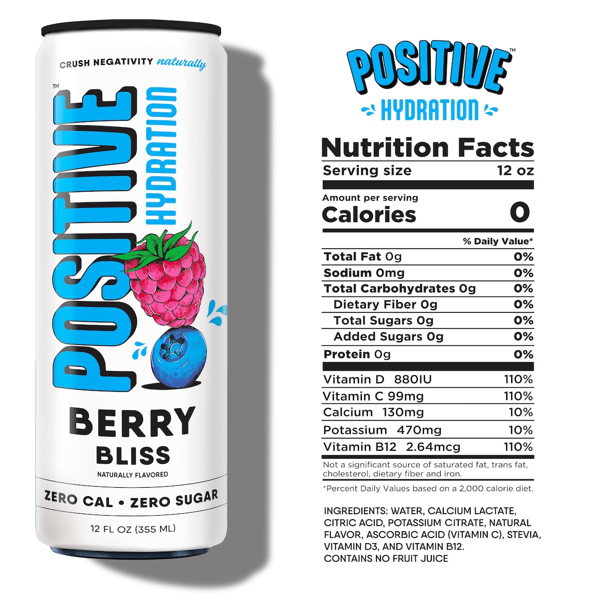 Positive Hydration Berry Bliss can side reveals vitamin and electrolyte information for everyday wellness.