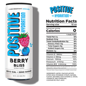 Positive Hydration Berry Bliss can side reveals vitamin and electrolyte information for everyday wellness.