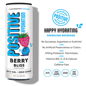 Positive Hydration Berry Bliss glass pour captures crisp berry sparkle ideal after workouts.