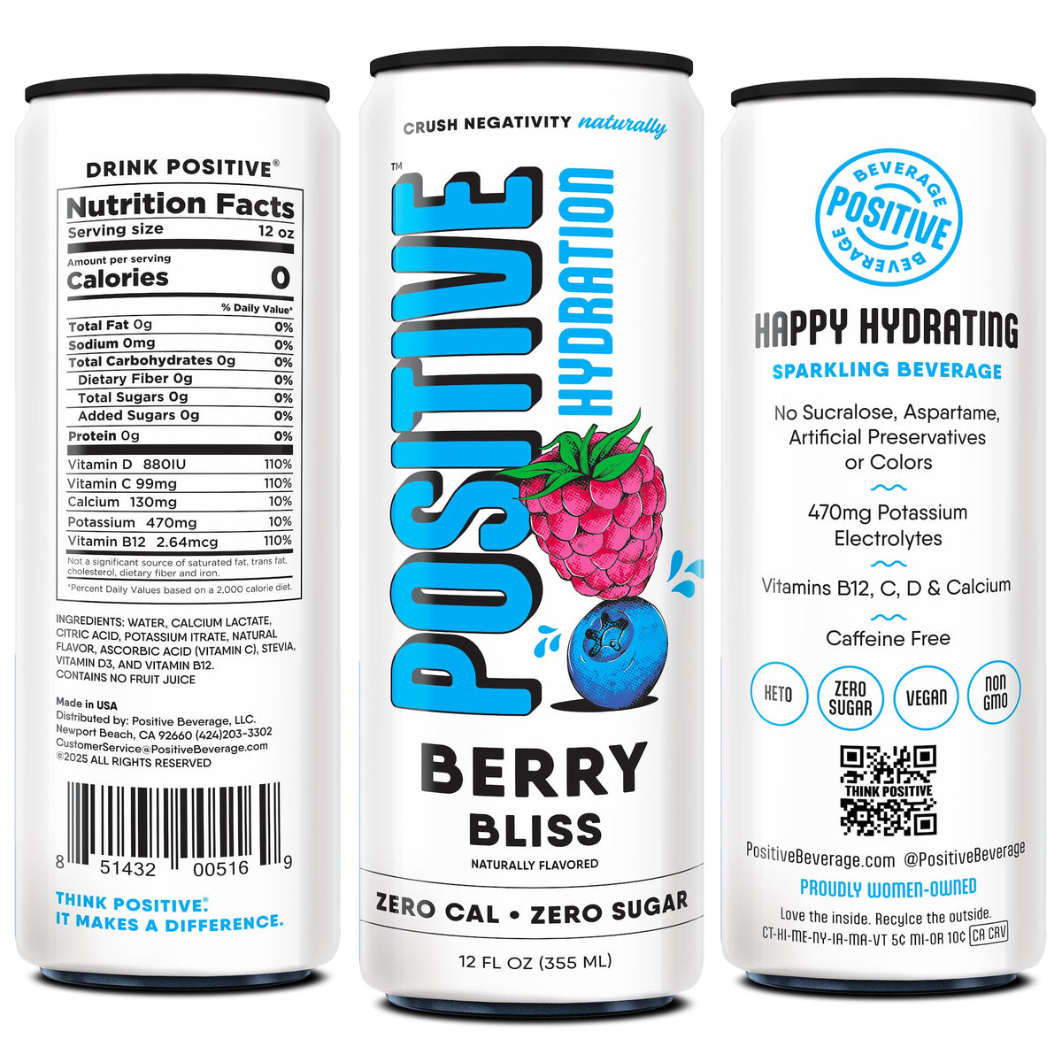 Positive Hydration Berry Bliss nutrition panel shows vitamins and minerals for support.