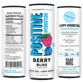Positive Hydration Berry Bliss nutrition panel shows vitamins and minerals for support.