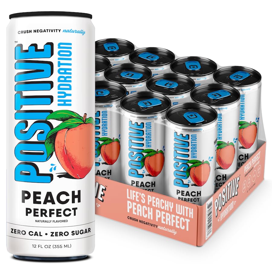 Positive Beverage Peach Perfect can closeup showing bold peach flavor and zero calorie hydration