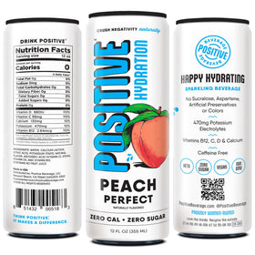 Closeup of the Positive Beverage Peach Perfect nutrition panel highlights vitamins and minerals