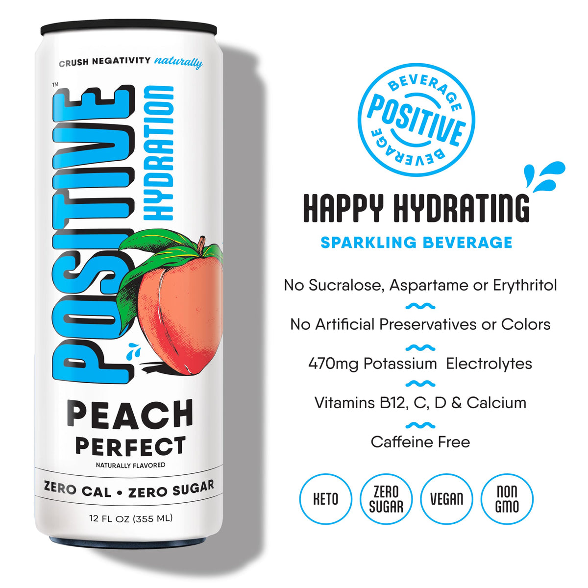 Pouring Positive Beverage Peach Perfect into a glass reveals sparkling electrolyte hydration