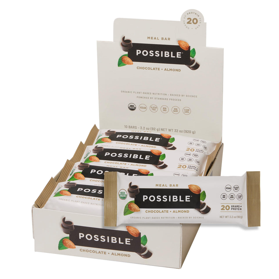 POSSIBLE Meal Bar chocolate almond packaging for on-the-go energy and clean label nutrition