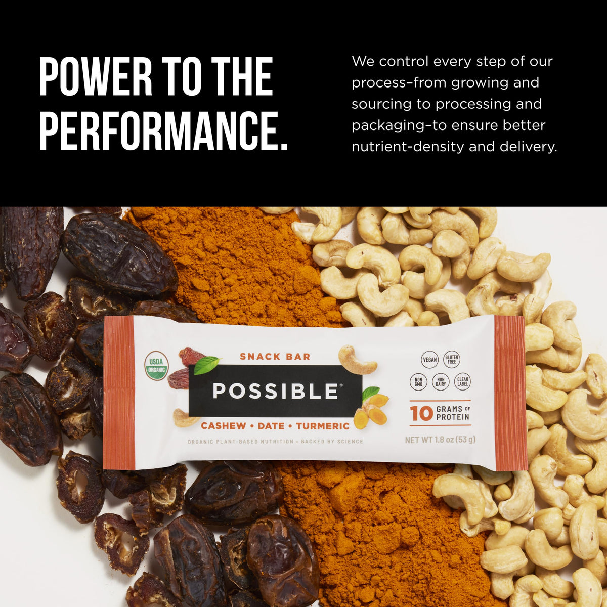 Possible Snack Bar organic ingredients showcase cashews and dates.