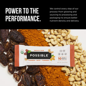 Possible Snack Bar organic ingredients showcase cashews and dates.