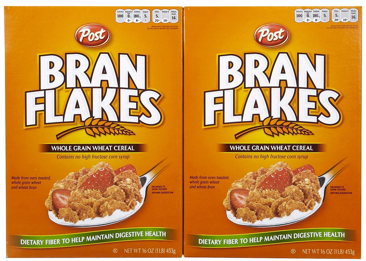 Post Bran Flakes 16 oz 2-pack pack shot shows crisp, fiber-rich cereal.
