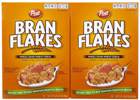 Post Bran Flakes 16 oz 2-pack pack shot shows crisp, fiber-rich cereal.