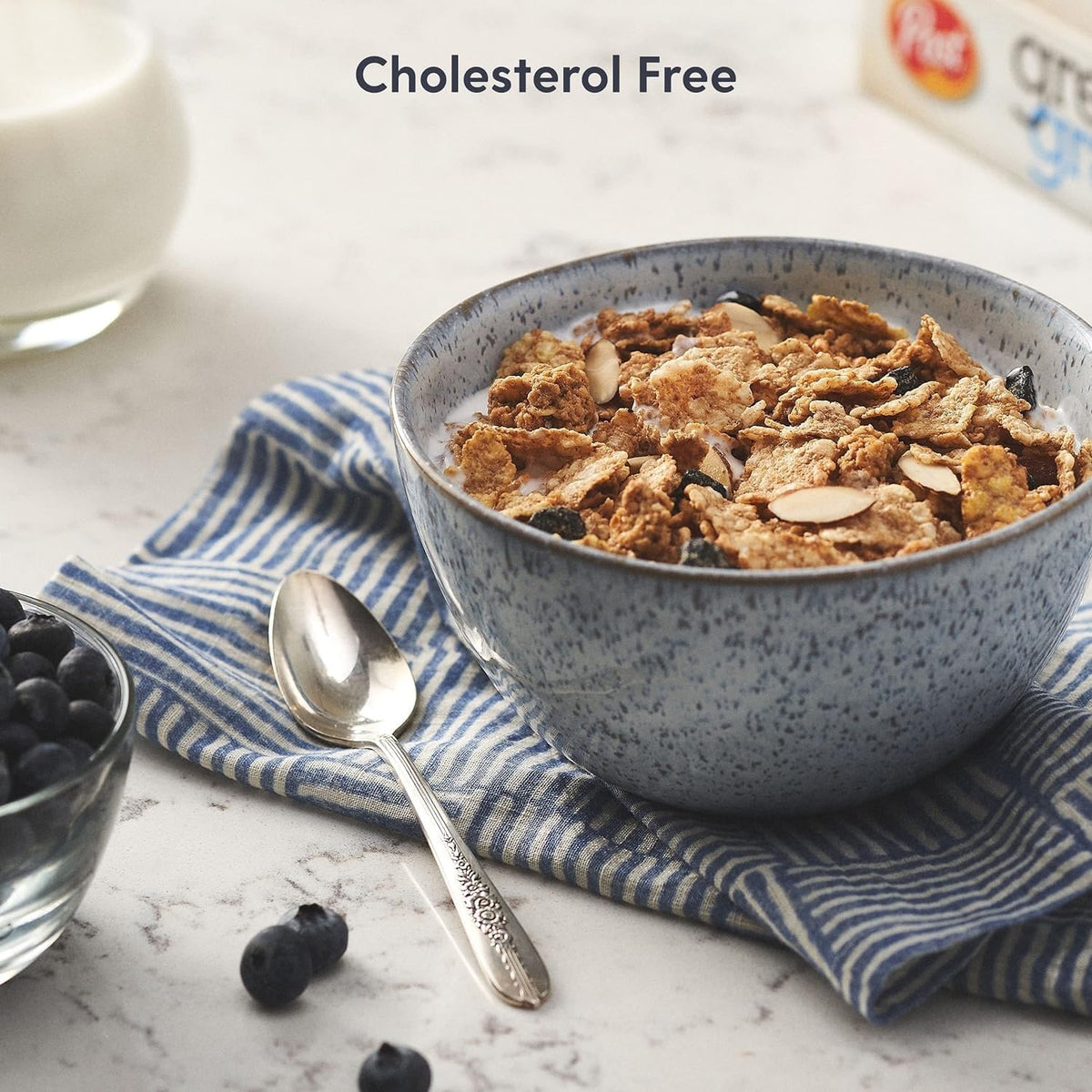 Post Great Grains Blueberry Morning bowl with milk showing fiber-rich breakfast option