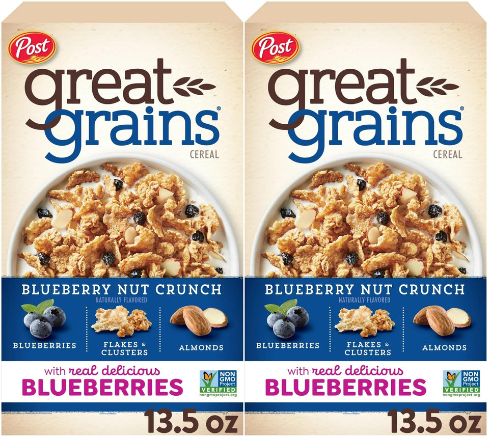 Post Great Grains Blueberry Morning cereal box showcases blueberries for a convenient breakfast.