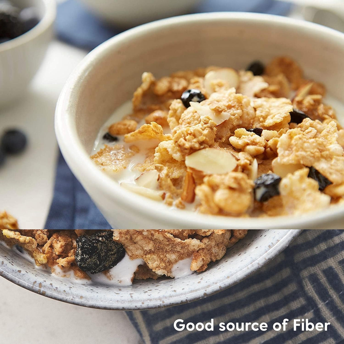 Post Great Grains Blueberry Morning Non GMO seal with fiber and heart healthy profile