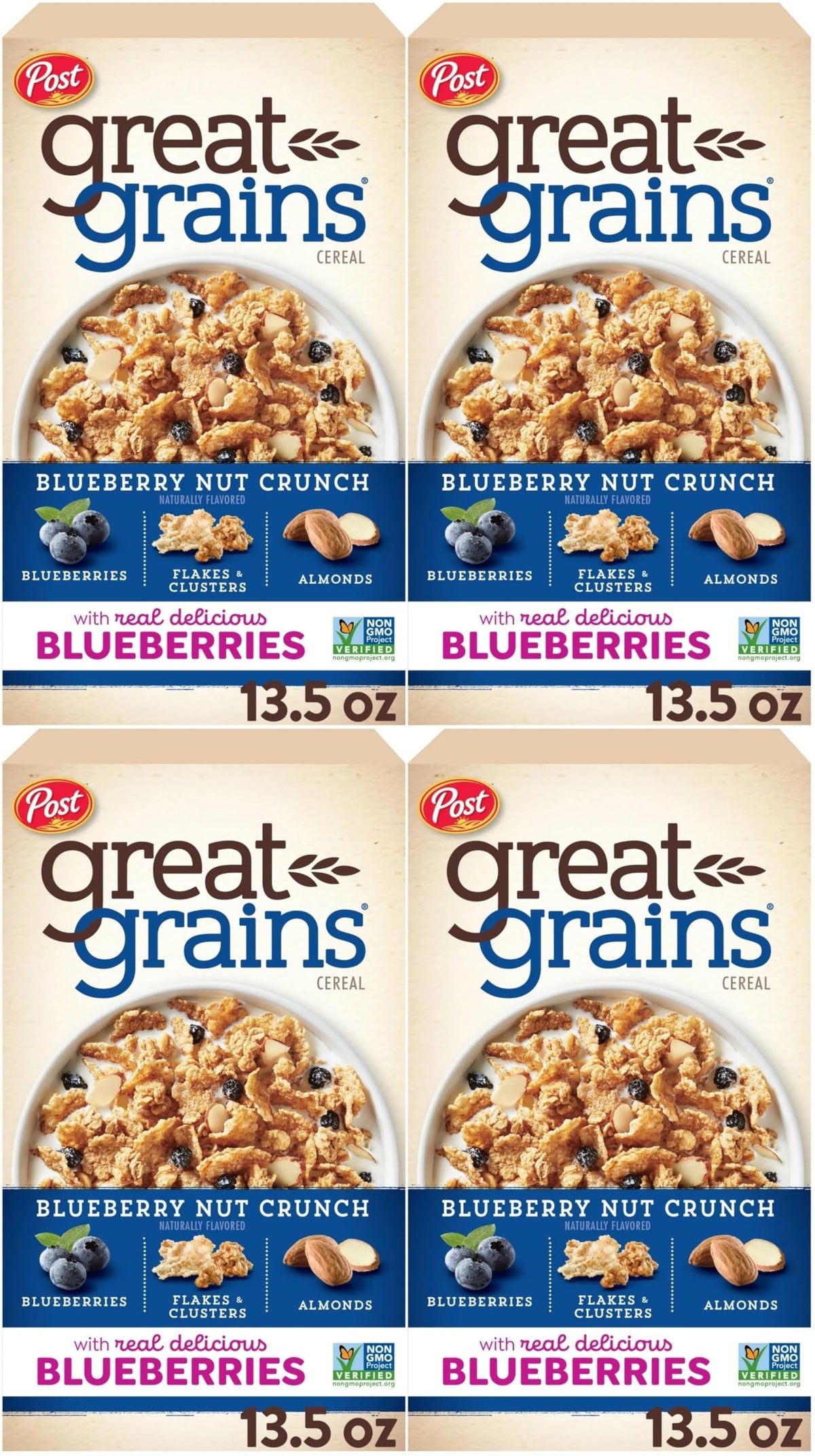Post Great Grains Blueberry Morning cereal packaging highlighting whole grains and Non-GMO verification