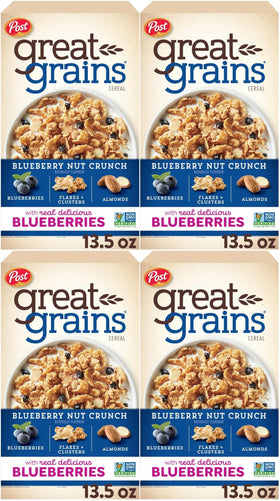 Post Great Grains Blueberry Morning cereal packaging highlighting whole grains and Non-GMO verification