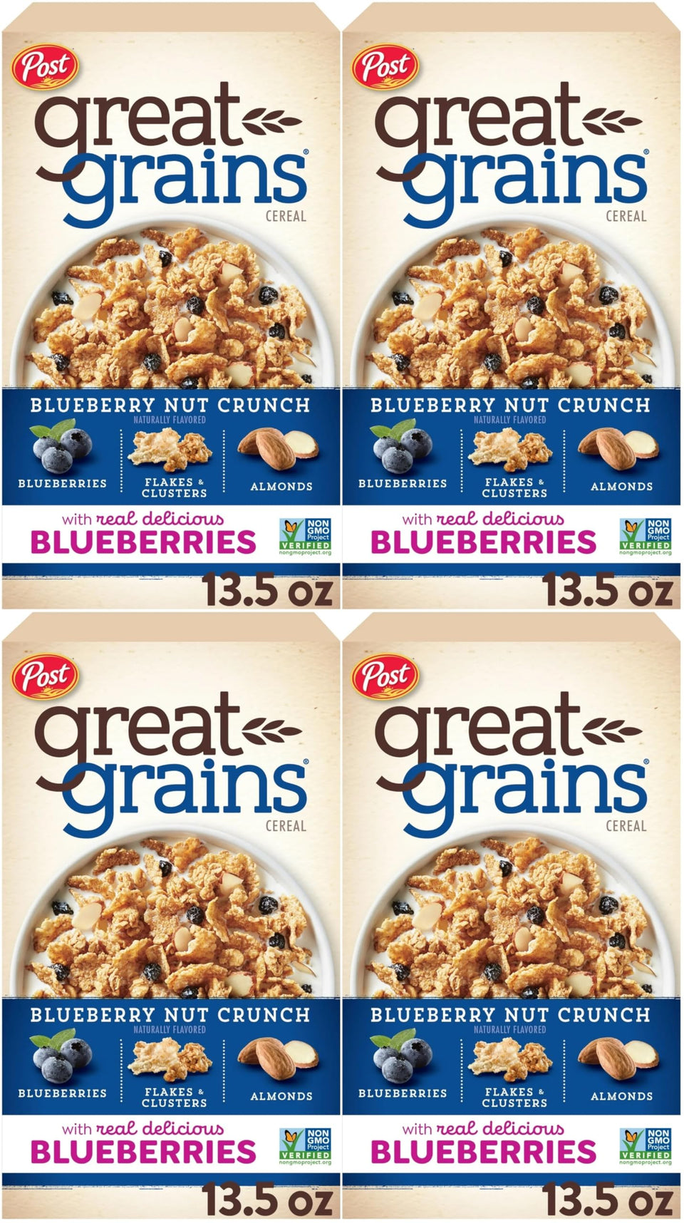 Post Great Grains Blueberry Morning cereal packaging highlighting whole grains and Non-GMO verification
