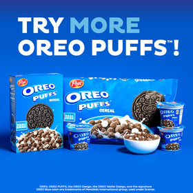 Close-up of Post Oreo Puff Cereal Cup chocolate puffs and marshmallows, great for a playful snack.