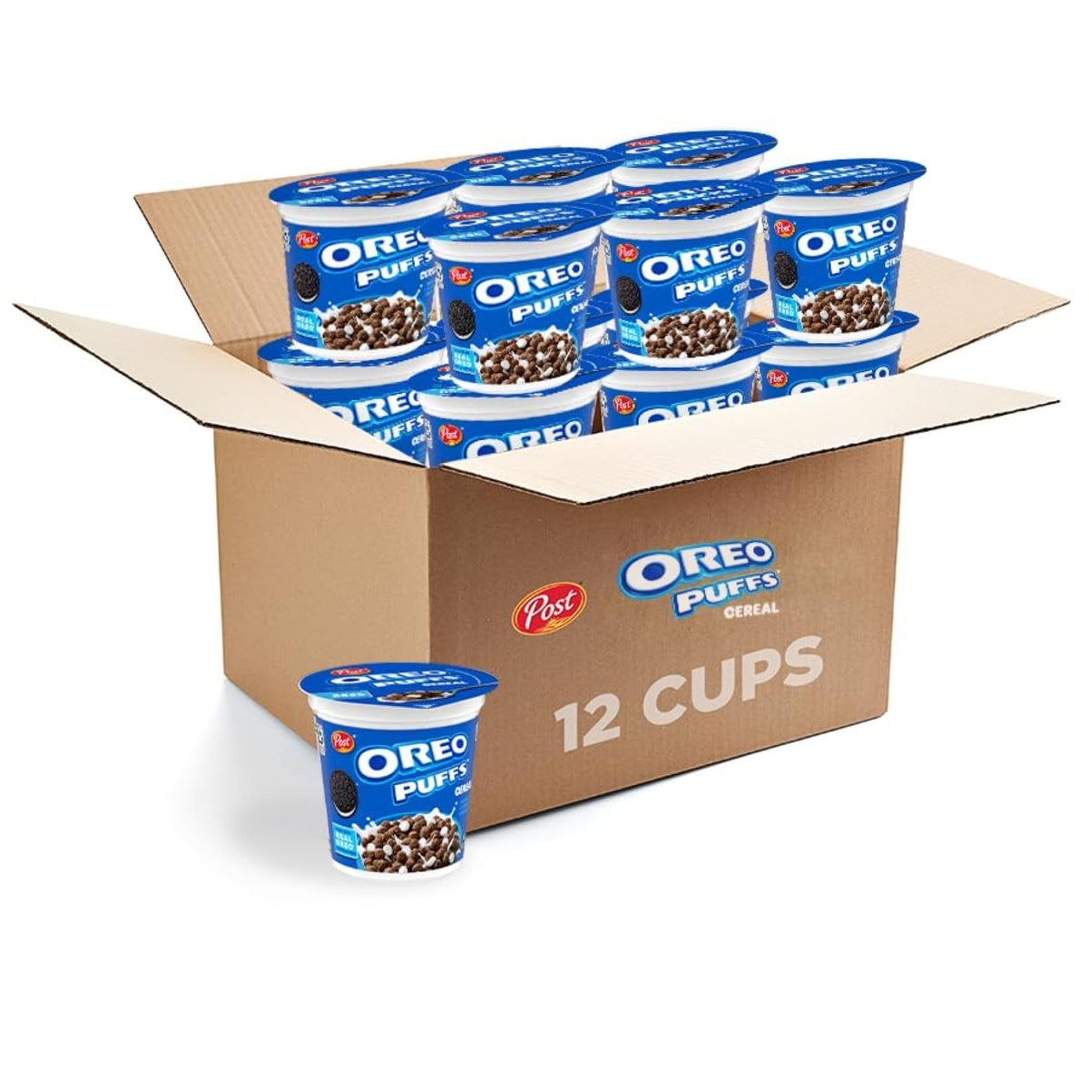 Post Oreo Puff Cereal Cup packaging shows a 12-pack, ideal for quick mornings.