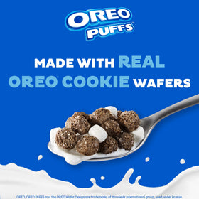 Post Oreo Puff Cereal Cup being poured with milk, a convenient on the go treat.