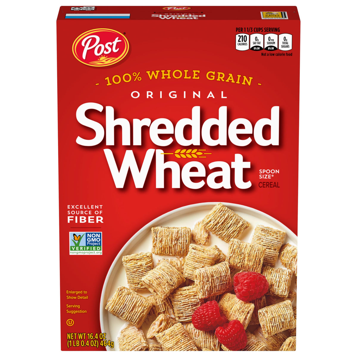 Post Shredded Wheat box front shows whole grain cereal.