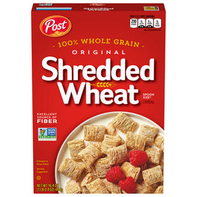 Post Shredded Wheat box front shows whole grain cereal.