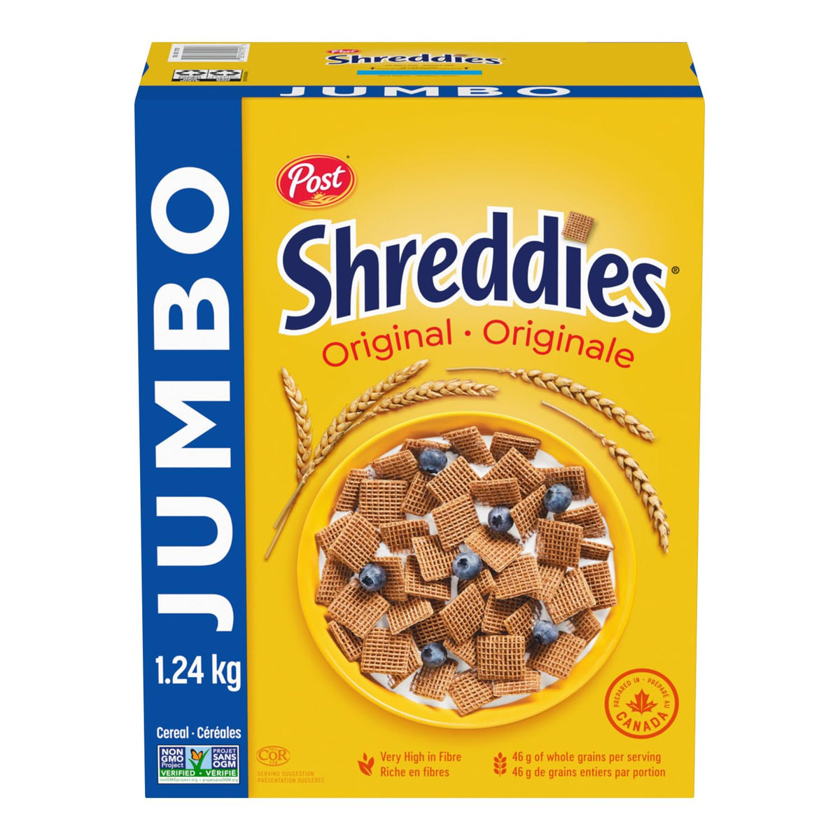 Post Shreddies cereal pack front shows 100% whole grain wheat.