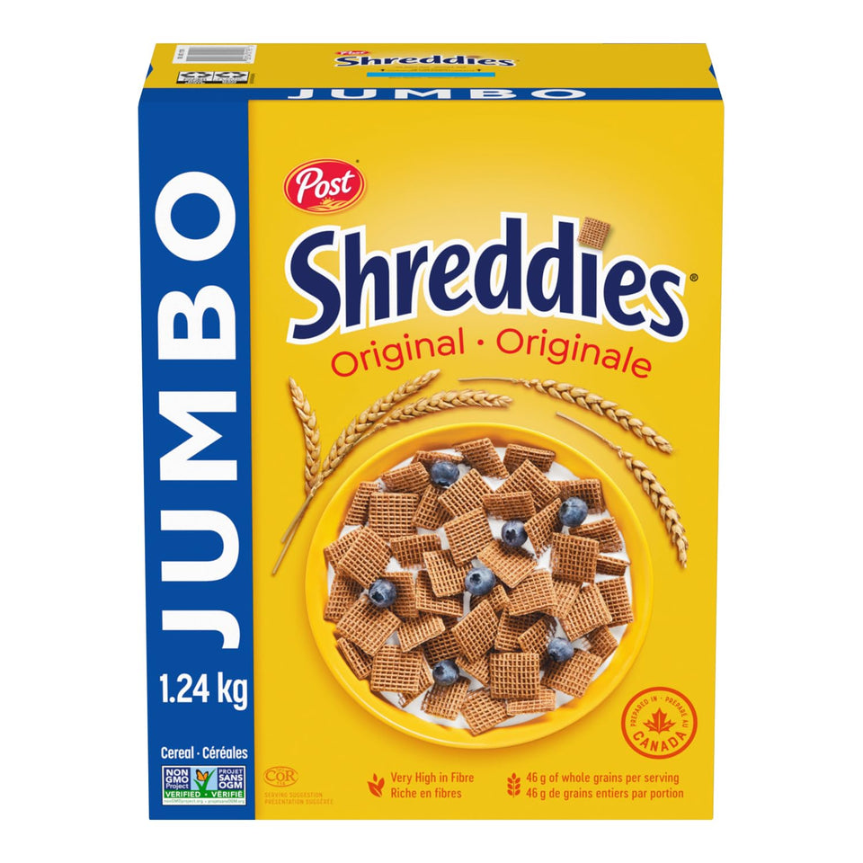 Post Shreddies cereal pack front shows 100% whole grain wheat.