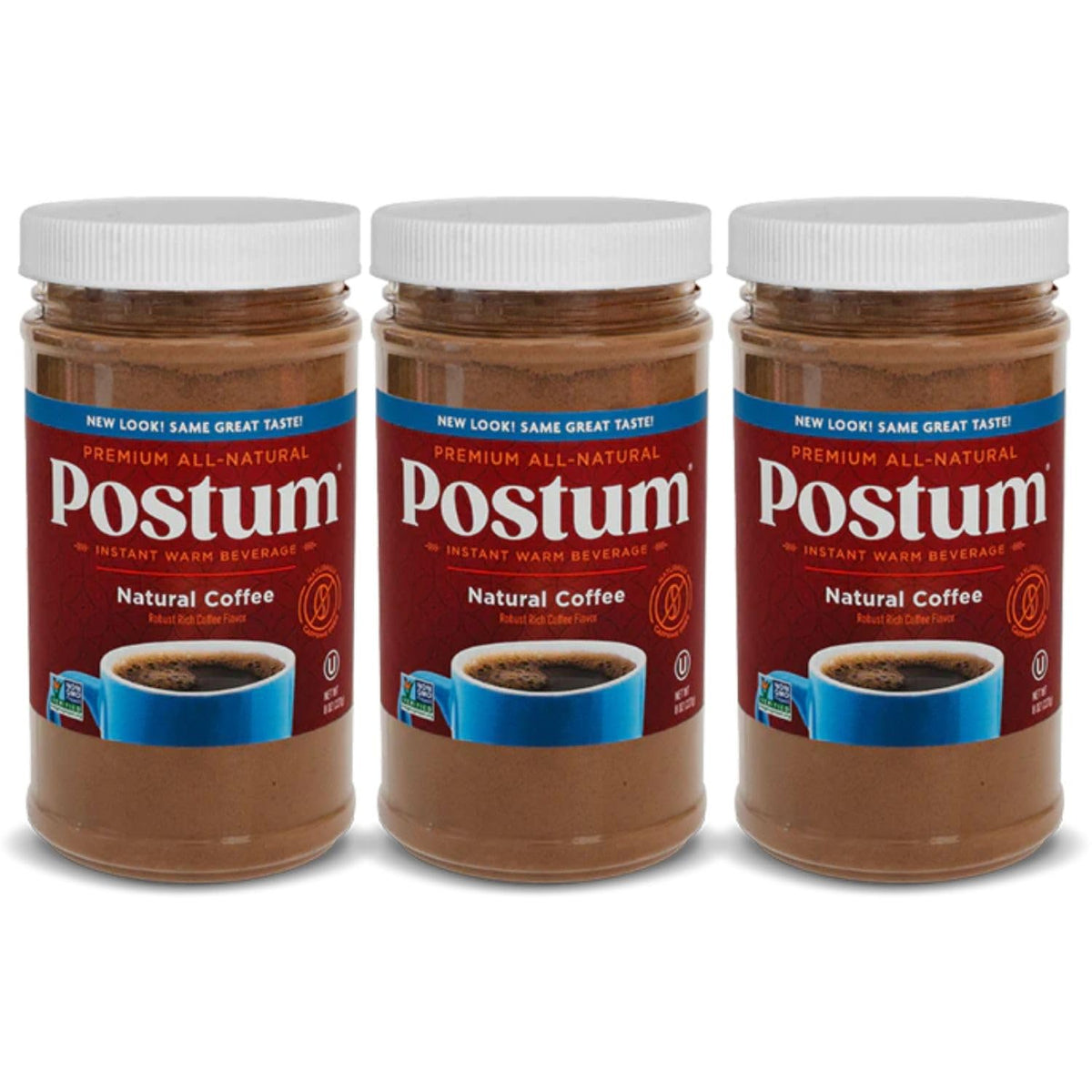 Postum natural coffee flavor bottle on kitchen counter, caffeine-free daily substitute